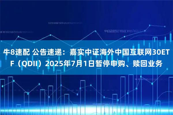 牛8速配 公告速递：嘉实中证海外中国互联网30ETF（QDII）2025年7月1日暂停申购、赎回业务